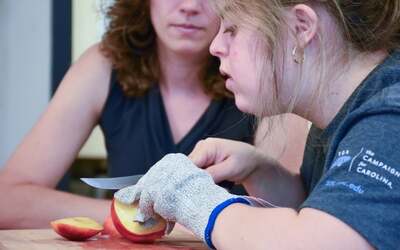 Individual learning to cut an apple with the supervision of an occupational therapist